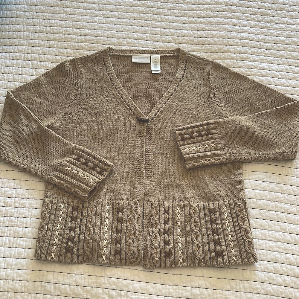 Liz Claiborne Knitted Cardigan Sweater - accent beads & Leather